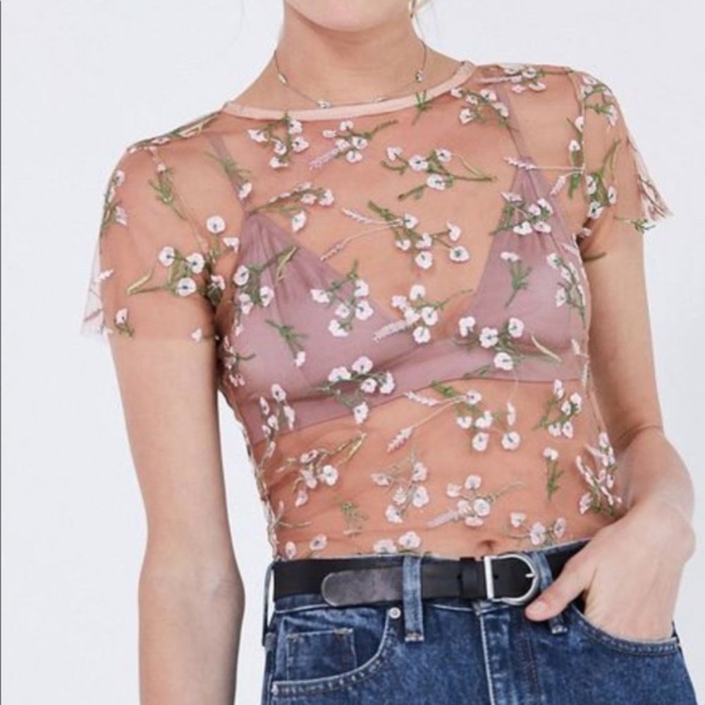 Urban Outfitters Nude Mesh Floral Top